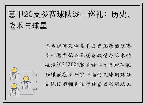 意甲20支参赛球队逐一巡礼:历史、战术与球星
